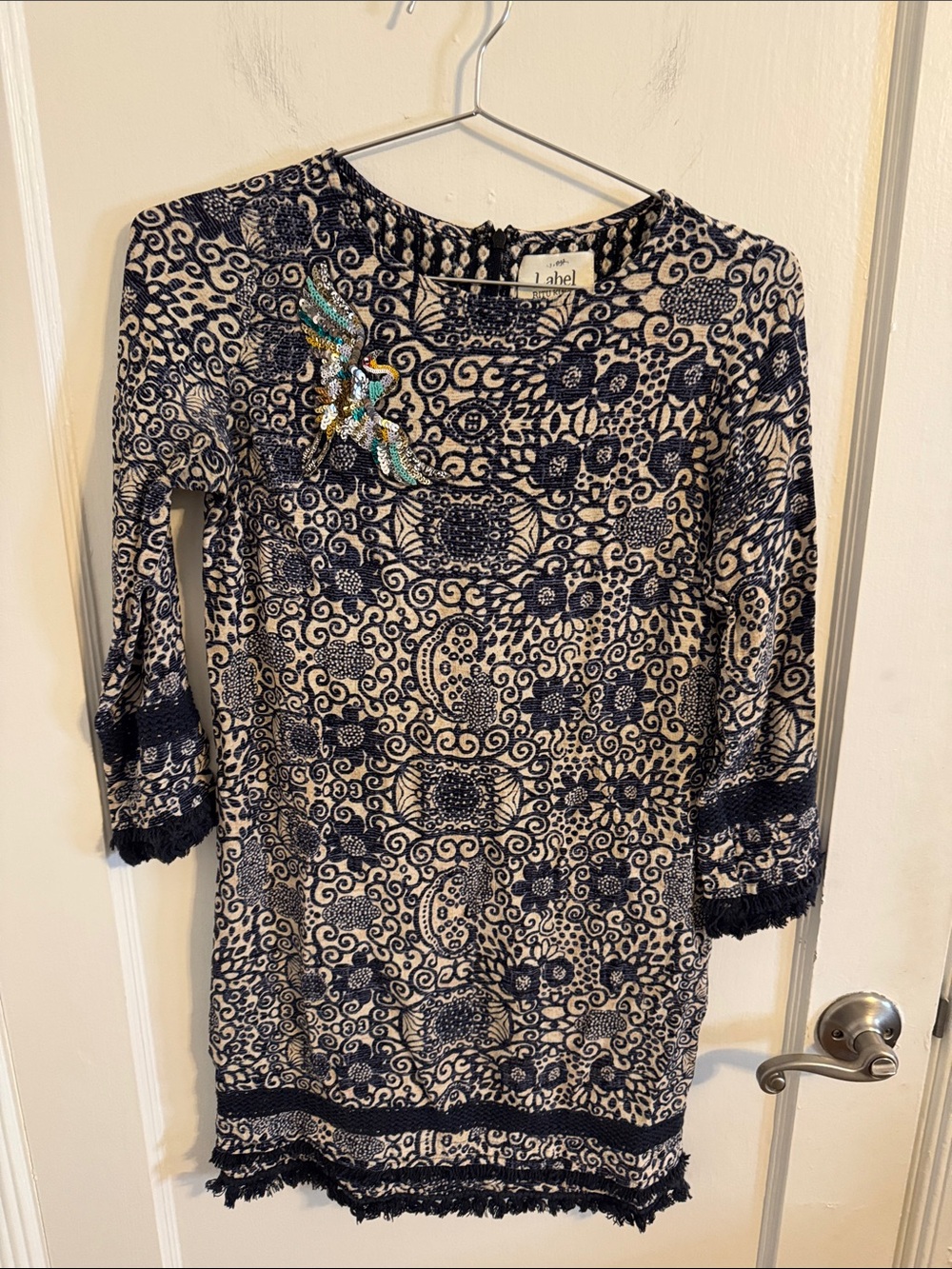 Label Ritu Kumar Black and Beige Print Dress with Sequined Heron XS
